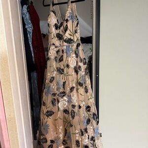 Floral Embroidered Beige Evening Dress with Blue & Black Accents